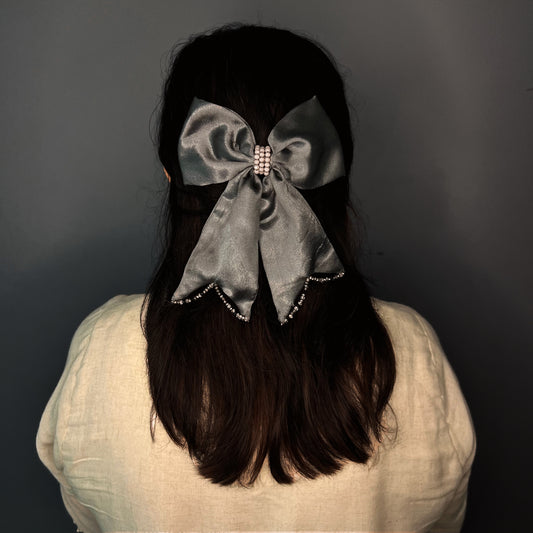 GREY SATIN HAIR BOW CLIPS