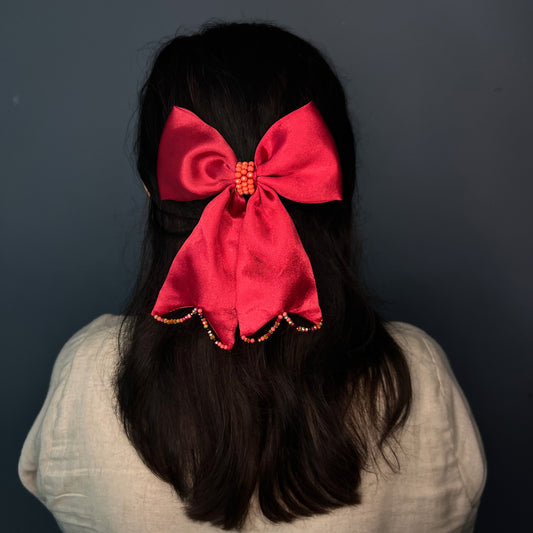 RED SATIN HAIR BOW CLIPS