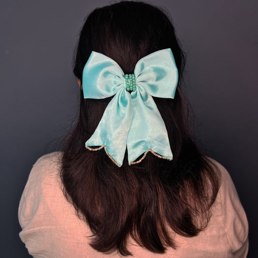 GREEN SATIN HAIR BOW CLIPS