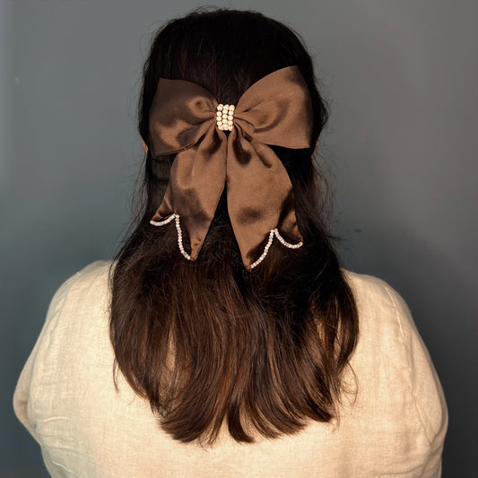 BROWN SATIN HAIR BOW CLIPS